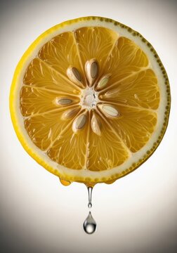Extreme closeup of a vibrant yellow lemon half, showing pulp and seeds, with drops of refreshing juice dripping down, food, wet, drop