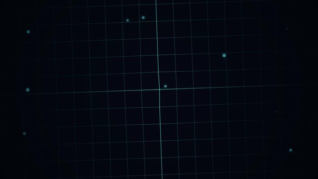 Digital radar screen scanning space with glowing points on a dark grid