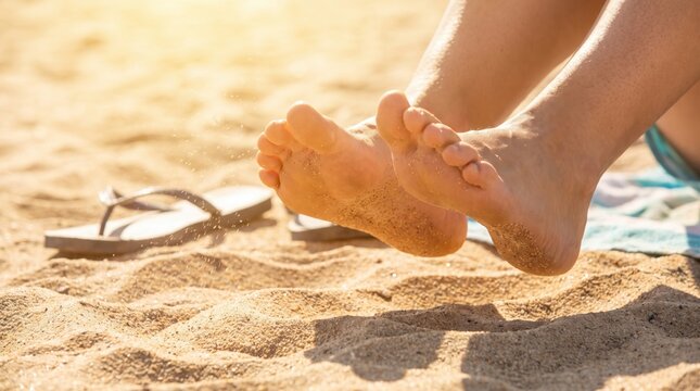 Close-up of person feet hovering above hot sand on beach during summer heatwave