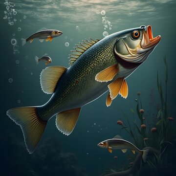 Large mouth bass swimming underwater with school of baitfish