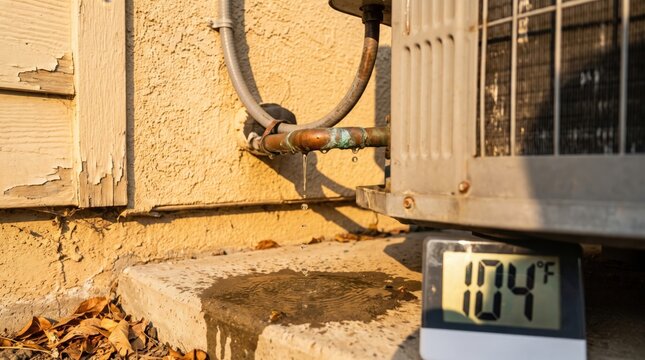 Close-up of air conditioning unit dripping water on residential exterior wall during summer