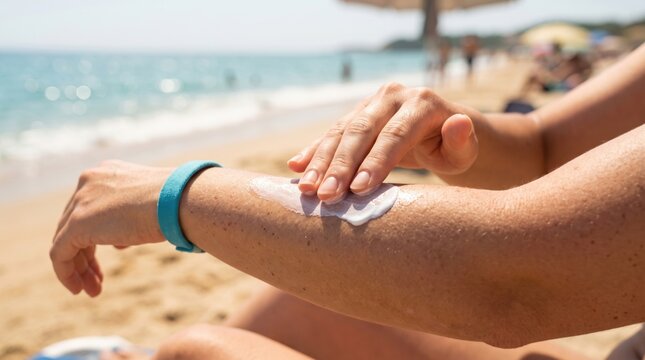 Applying sun protection lotion on skin for UV ray prevention during summer