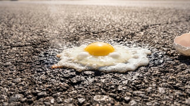 Raw egg frying on hot asphalt as a concept for extreme summer heat
