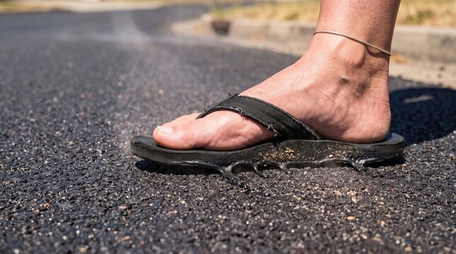 Flip-flop sandal melting on hot asphalt during extreme summer heatwave