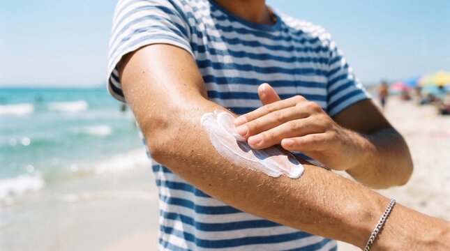 Close-up of applying sunscreen on arm at the beach under bright summer sun