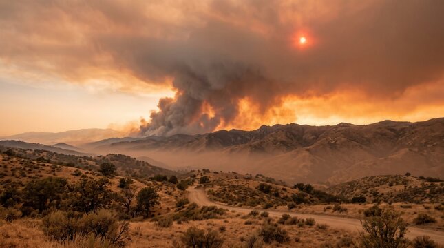 Wildfire smoke billowing over hills during intense environmental heatwave