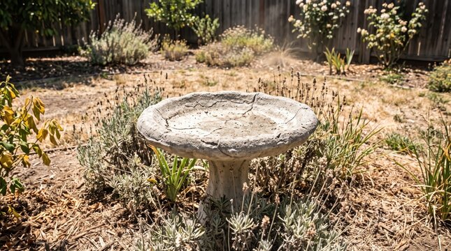 Dry garden bird bath under harsh sunlight representing water shortage concept