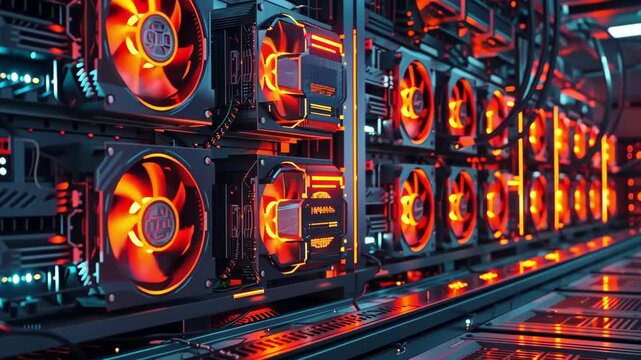 Cryptocurrency Mining Facility with Neon Lit GPU Rigs and Heat Waves