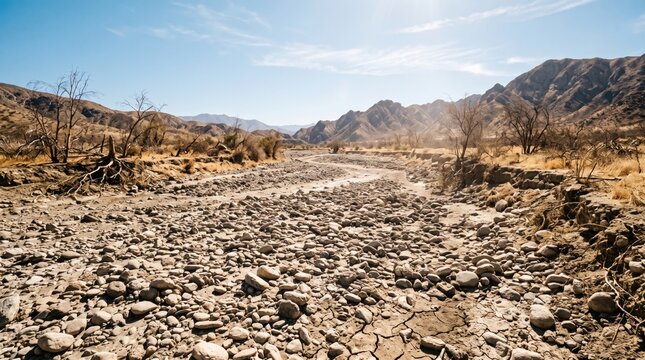 Dried-out river bed with stones and pebbles during intense summer drought