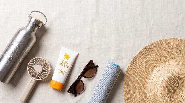 Flat lay of heatwave essentials including sunscreen, water bottle, and cooling accessories