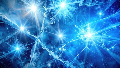 Fototapeta premium Blue abstract frozen ice texture with glowing light flares.
