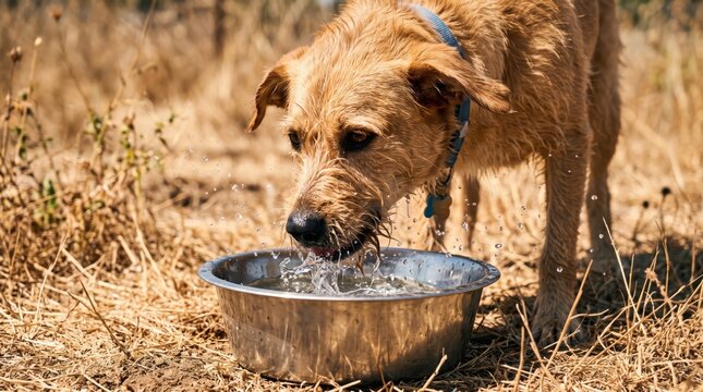 Thirsty dog cooling off with water from metal bowl during summer heatwave
