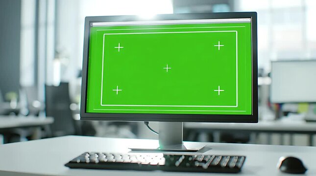 Computer Monitor with Green Screen and Tracking Markers on Desk.