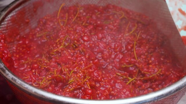 Cooking redcurrant jam process of mashing berries through a metal sieve. A chef uses a spatula to extract pure juice. Fresh preparation in a glass bowl. Close up view of making confiture.