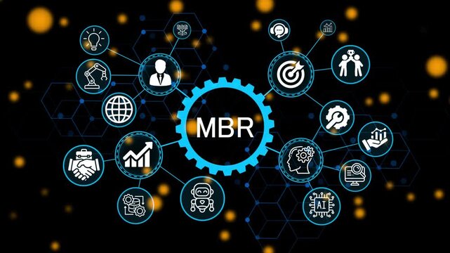 MBR, business concept. Modern business technology interface with gears and digital network icons. 4k animation video 