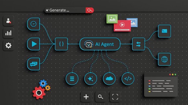 AI Agent Workflow Automation. AI Agent Software with Node Triggers Dashboard. Generating Code, Digital Tasks Manager, AI Data Analyzer Tool. Controlling Intelligent Process. 3D Video Animation