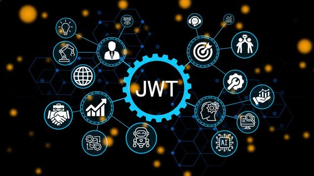 JWT, business concept. Modern business technology interface with gears and digital network icons. 4k animation video 