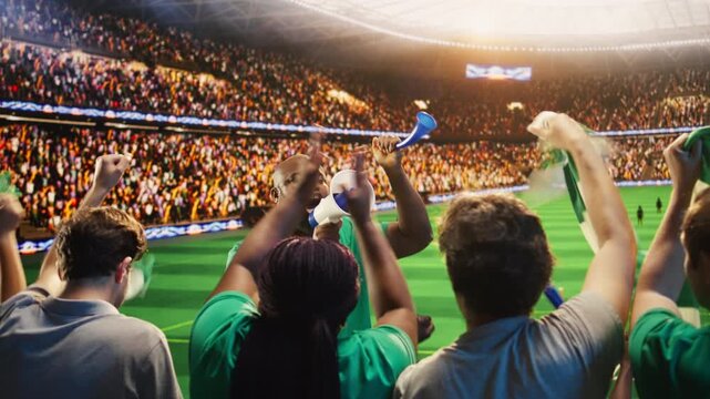 man chants through megaphone in football stadium stands during match, showing fan leader galvanizing soccer supporters to create loud atmosphere and strong team support for fan culture content.