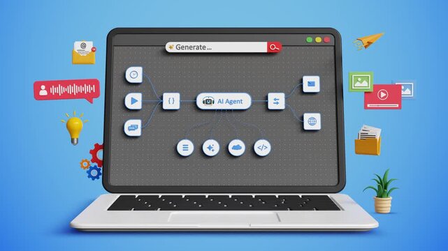 AI Agent Workflow. Autonomous Workflow, AI Automation, Multi Agent System, Enterprise Digital Transformation. AI Agent Controlling Business Process Workflow Dashboard on Laptop. 3D Video Animation