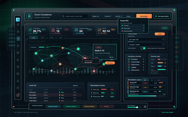 Fototapeta premium Cloud compliance dashboard shows audit details and status overview for a digital system used in technology