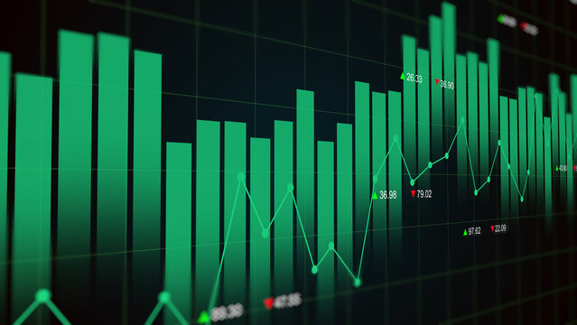 Green arrow rising uptrend on stock market exchange display showing financial growth volume bar and number price, business profit, value increase, and investment report concept