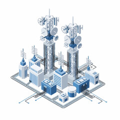Obraz premium Futuristic city with communication towers and digital infrastructure.