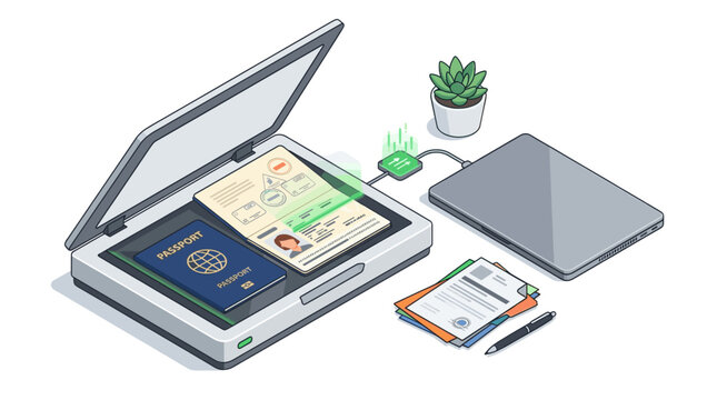 Passport Scanner Isometric Flat Vector Illustration