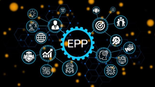 EPP, business concept. Modern business technology interface with gears and digital network icons. 4k animation video 