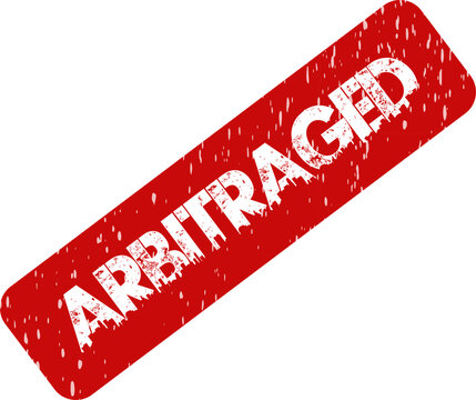 Bold red textured rubber stamp with the word arbitraged signifying important financial market transactions and trading activities