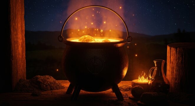 Large cauldron over outdoor campfire burning.