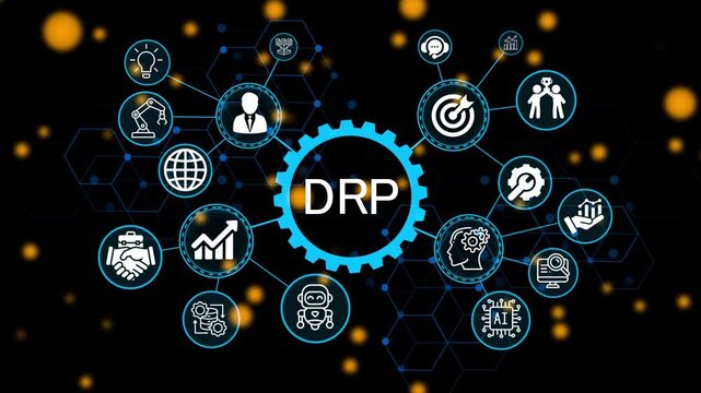 DRP, business concept. Modern business technology interface with gears and digital network icons. 4k animation video 