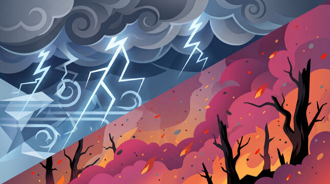 Artistic horizontal flat illustration of climate anomaly with sharp white lightning storm front and fiery orange wildfire aftermath