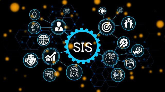 SIS, business concept. Modern business technology interface with gears and digital network icons. 4k animation video 