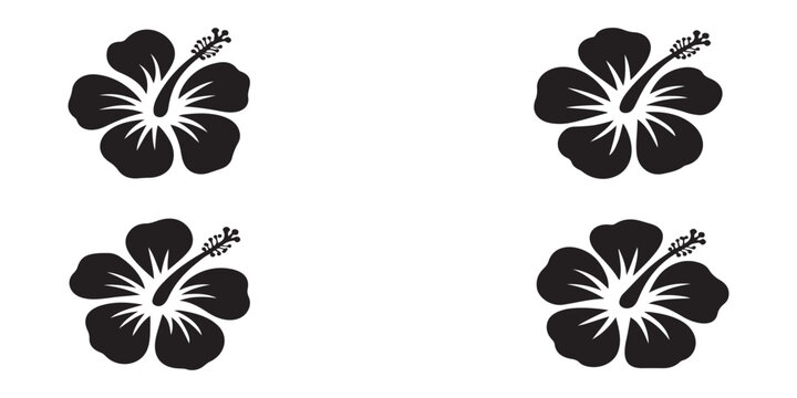 Hibiscus flower silhouette pattern with four black tropical blossoms isolated on white background for summer art.