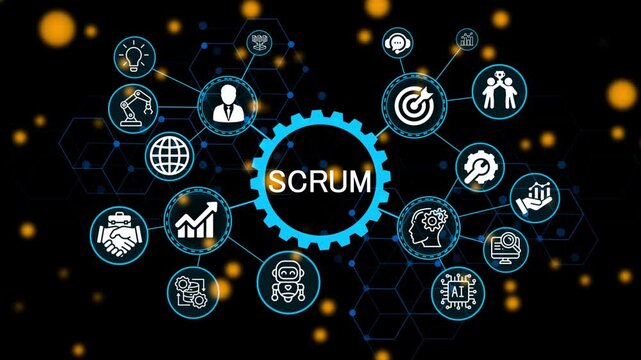 SCRUM, business concept. Modern business technology interface with gears and digital network icons. 4k animation video 