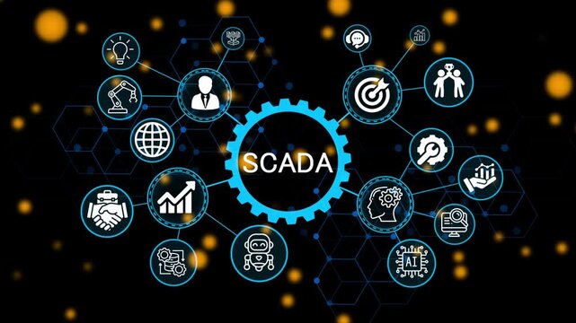 SCADA, business concept. Modern business technology interface with gears and digital network icons. 4k animation video 