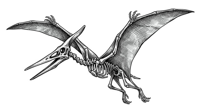 Pteranodon Dinosaur Skeleton Vintage Ink Engraving Illustration