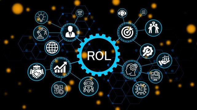 ROL , business concept. Modern business technology interface with gears and digital network icons. 4k animation video 