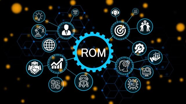 ROM , business concept. Modern business technology interface with gears and digital network icons. 4k animation video 