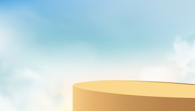 Background Podium on Sky Blue,3d Brown podium platform on white cloud for cosmetic product display,Summer sunrise banner with abstract mockup stand stage,Vector Nature Summer sky for Holiday banner
