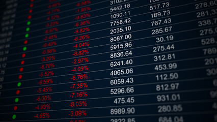 Fototapeta premium Stock market screen display price percent monitor show report row table value down bankruptcy chart graph loss analysis crash crisis