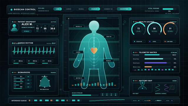 Health monitoring system shows patient data and vitals on a digital display in a futuristic medical setting at a healthcare facility