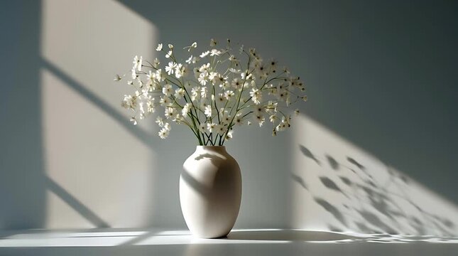 Delicate white flowers in a vase with natural light and shadows.