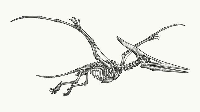 Pteranodon Dinosaur Skeleton Vintage Ink Engraving Illustration