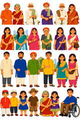 Fototapeta premium Multigenerational Indian Character Collection in Traditional Clothing