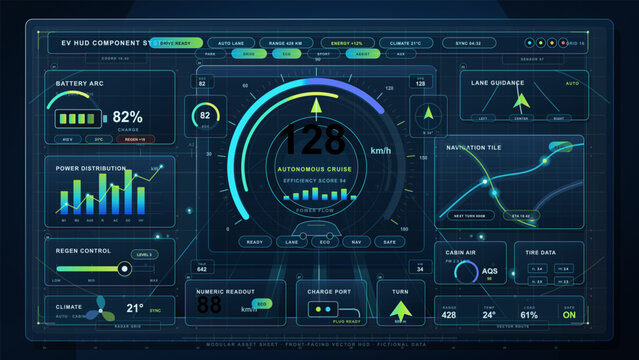 Dashboard shows electric vehicle information on speed, battery status, and navigation details while in motion on a road