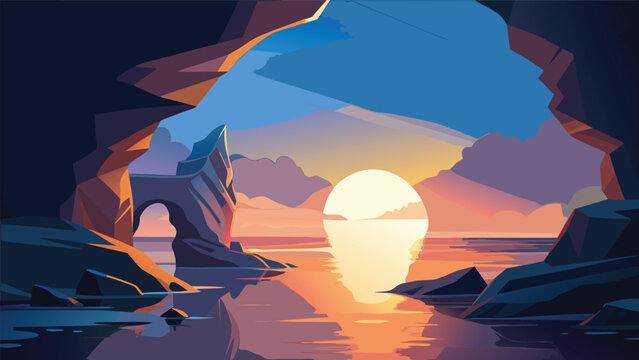 Sunrise view from inside a sea cave illustration with landscape seascape background illustration colorful reflection formation coastline shoreline vacation peaceful paradise