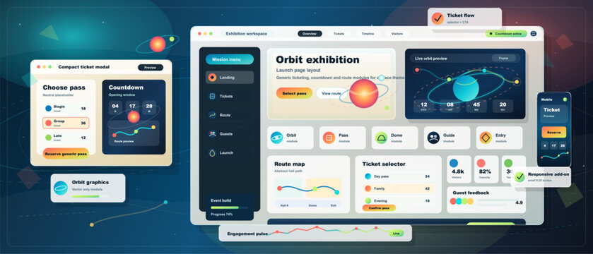 User interacts with digital interface for event ticket management and exhibition layout design during online event planning session