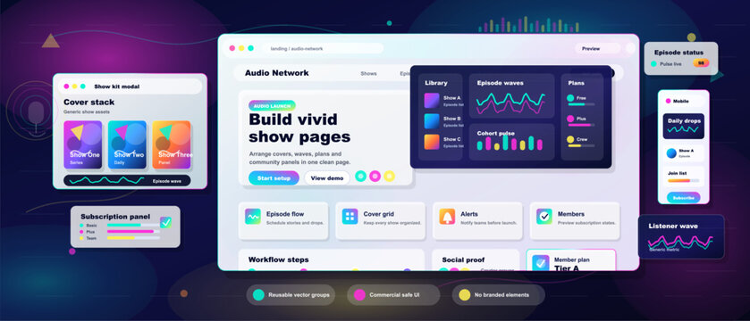 User interface for audio network platform showing tools for podcast creation and management with various layout options and features