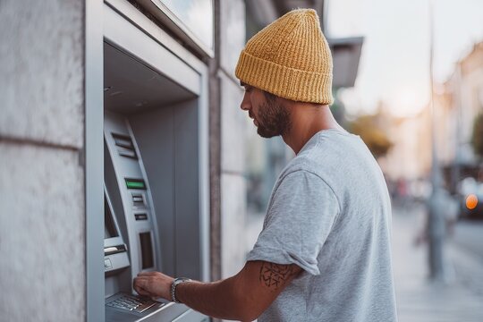 A man stands in front of an ATM outside a bank. He is using the machine to withdraw cash. The scene shows a busy street with some buildings in the background
